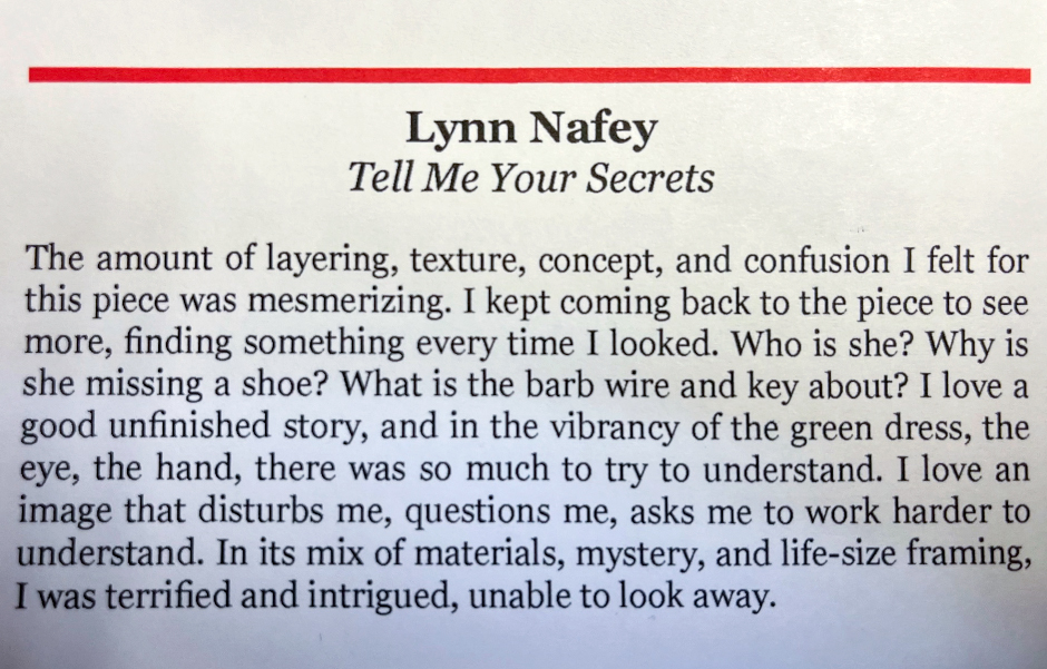 Juror Crista Dix's write-up about Lynn Nafey's prize-winning piece, "Tell Me Your Secrets"